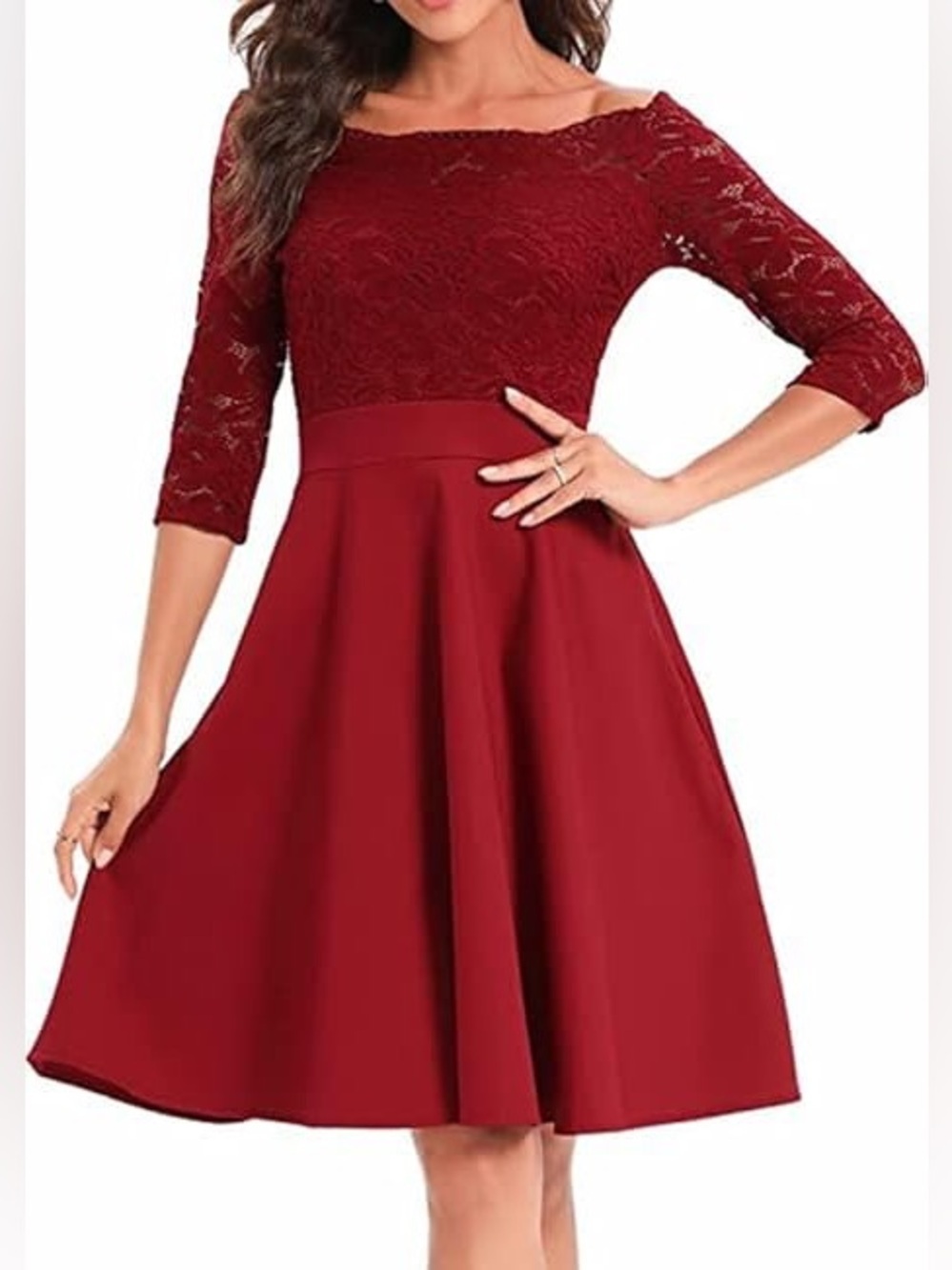 Lace Off the Shoulders Red Dress with Full Skirt